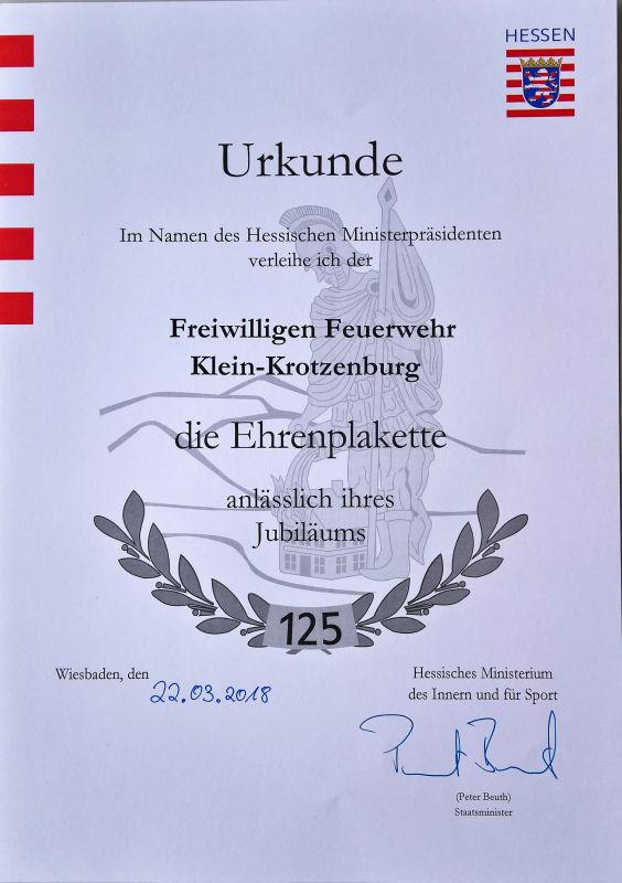 Urkunde Ehrenplakette 125 Jahre